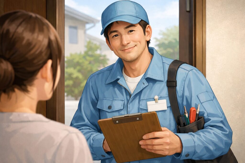優しそうな笑顔で訪問し、クリップボードを持って玄関先に立つ作業員のイラスト