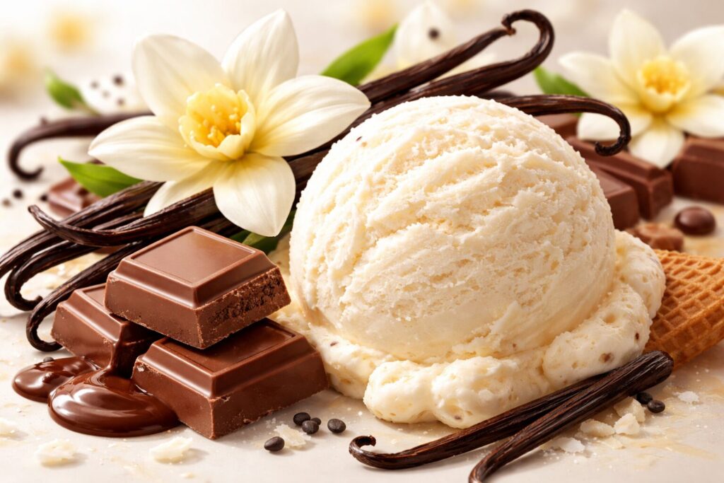 バニラアイスクリームとチョコレートが並び、バニラビーンズと花が添えられた濃厚なバニラフレーバーのイメージ