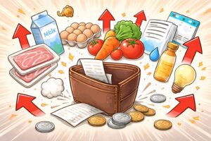 値上げにより食料品や光熱費が上昇し、財布の中身が減っていく家計圧迫のイメージイラスト