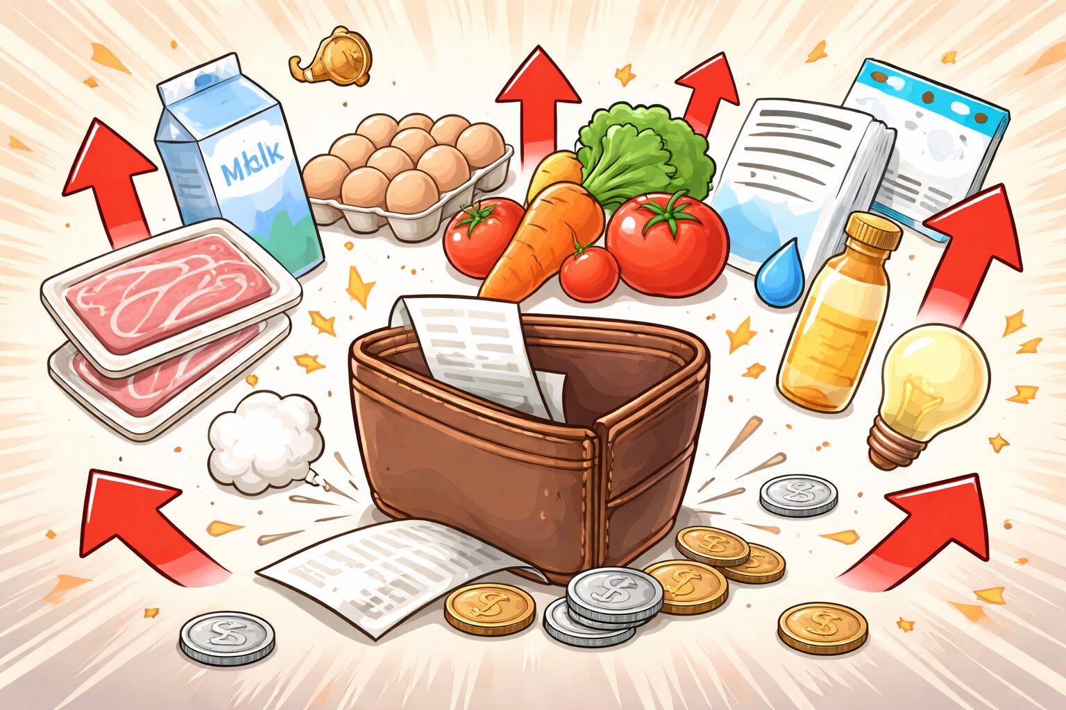 値上げにより食料品や光熱費が上昇し、財布の中身が減っていく家計圧迫のイメージイラスト