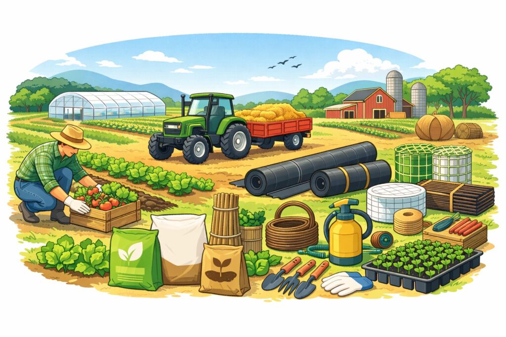 農作業の様子とトラクター、ビニールハウス、肥料袋や苗、ホースなどの農業資材が並ぶ農場のイメージイラスト