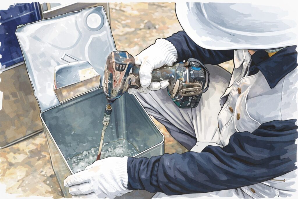 電動ドリルで液体を撹拌する作業員をイラスト風に描いた様子