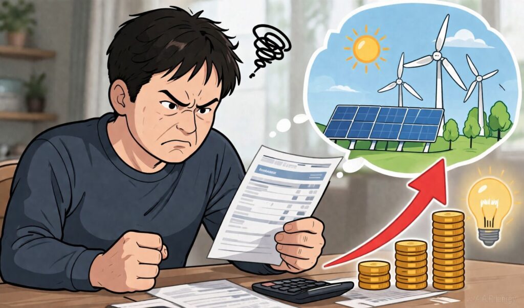 電気料金の明細を見て怒りや不満をあらわにする男性が、再生可能エネルギー設備と費用増加を示すイメージを背景に家計負担の増加を感じている様子