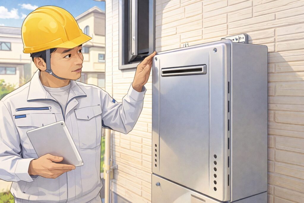 屋外に設置された給湯器をヘルメット姿の作業員がタブレットを持ちながら点検しているイラスト