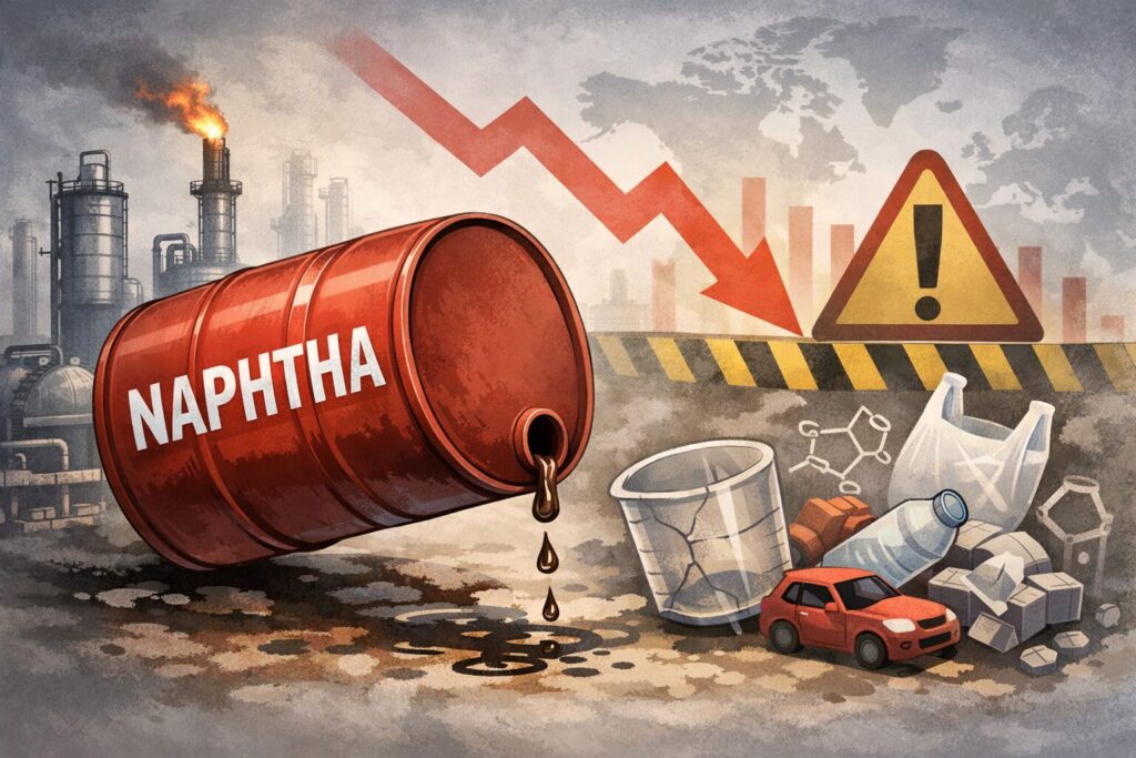 ナフサ不足により供給が減少し、石油化学プラントと日用品の生産に影響が出ている様子を示したイラスト