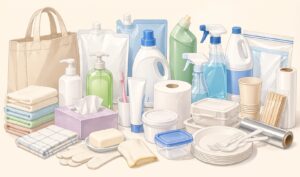 ナフサ由来製品の不足に備えた日用品（洗剤・ティッシュ・ラップ・プラスチック容器など）が並ぶ備蓄イメージのイラスト
