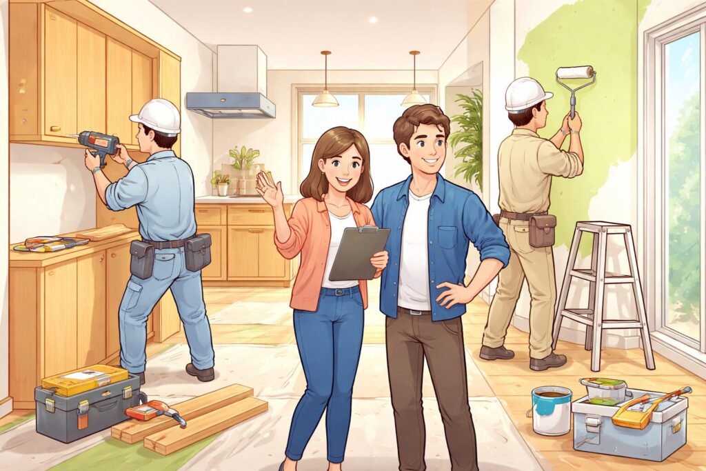 リビングでリフォーム作業が進む中、作業員が棚の取り付けや壁の塗装を行い、夫婦が完成イメージを確認している様子のイラスト