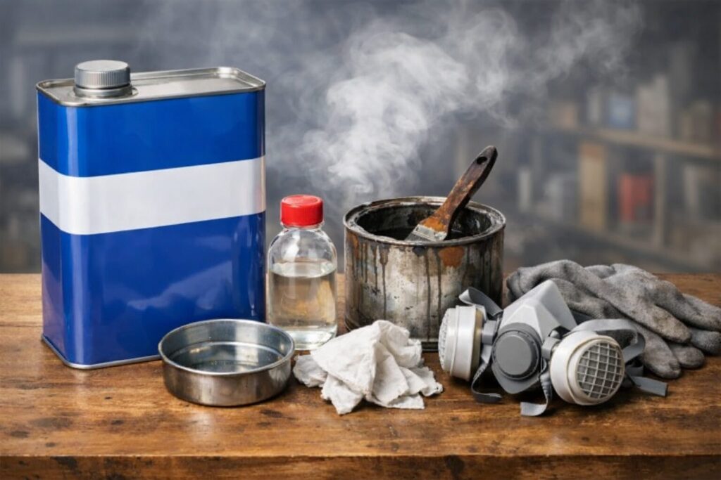 シンナー缶と塗料、刷毛、防毒マスクが並ぶ作業台のイメージ