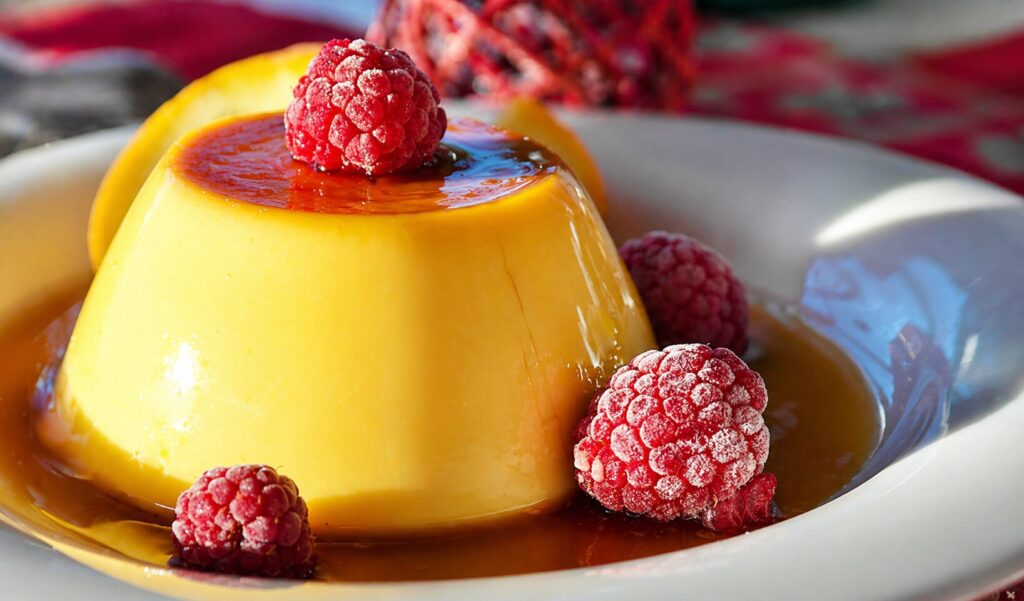 ラズベリーを添えたなめらかなカスタードプリンにキャラメルソースがかかったデザートのクローズアップ画像