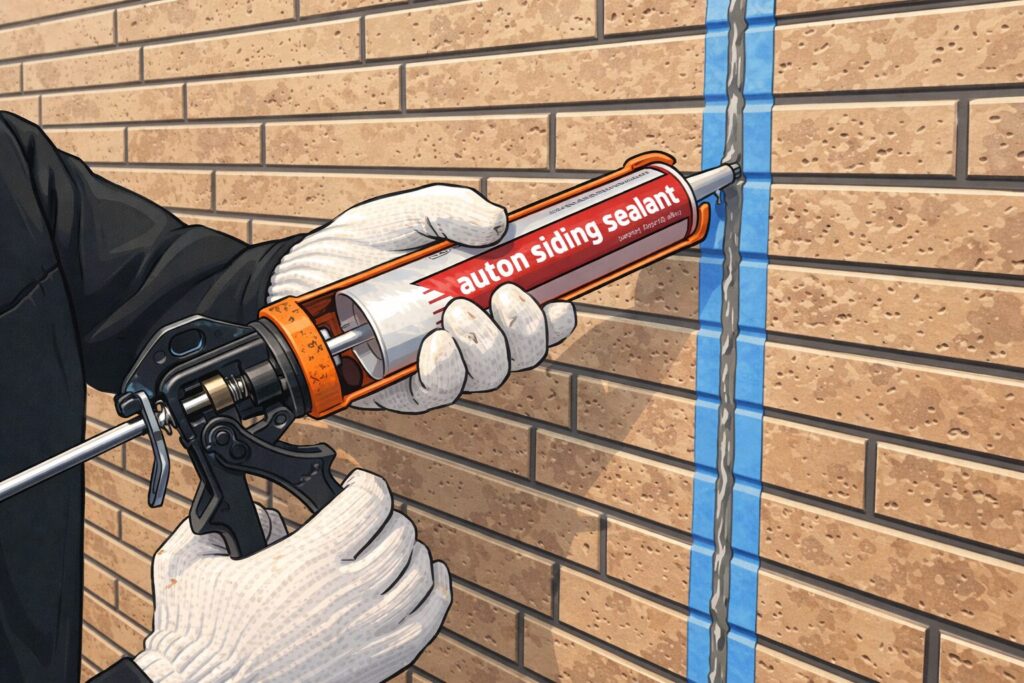 外壁のタイル目地にコーキングガンでシーリング材を充填している様子のイラスト