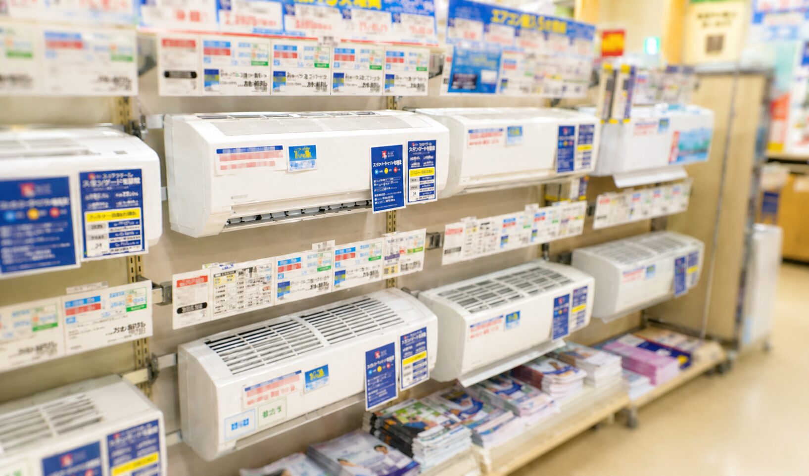 家電量販店のエアコン売り場で、壁に並べられた複数のエアコン本体と価格表示がされたイメージ