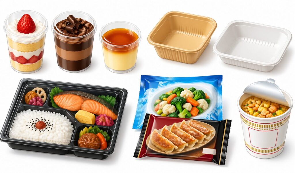 カップ型スイーツ、惣菜トレー、弁当容器、冷凍食品パッケージ、カップ麺容器が並んだ食品包装資材のイメージイラスト