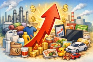 ナフサ不足の影響で日用品や食品、衣類、電子機器などの価格が上昇している様子を、上向きの矢印と工場を背景に表現したイラスト