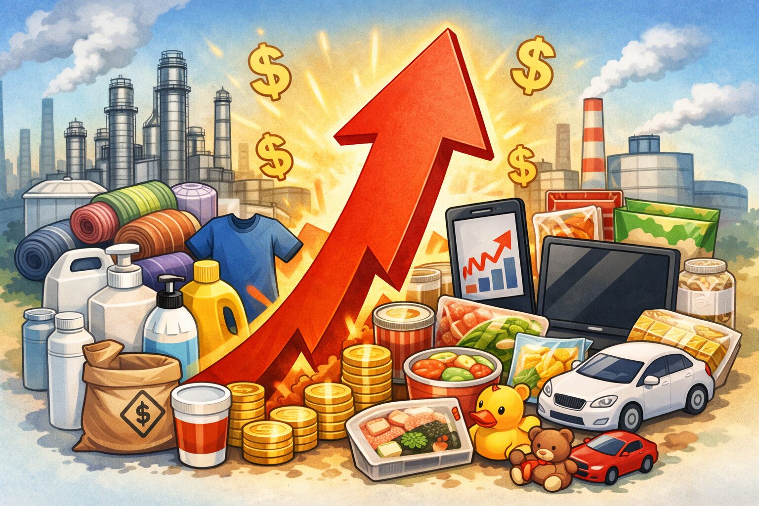 ナフサ不足の影響で日用品や食品、衣類、電子機器などの価格が上昇している様子を、上向きの矢印と工場を背景に表現したイラスト