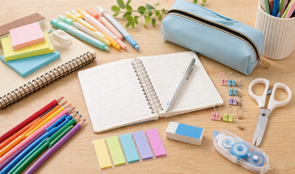 ノートやカラーペン、付箋、はさみ、クリップなどの文具が木目のデスクに整然と並べられたカラフルなイメージイラスト