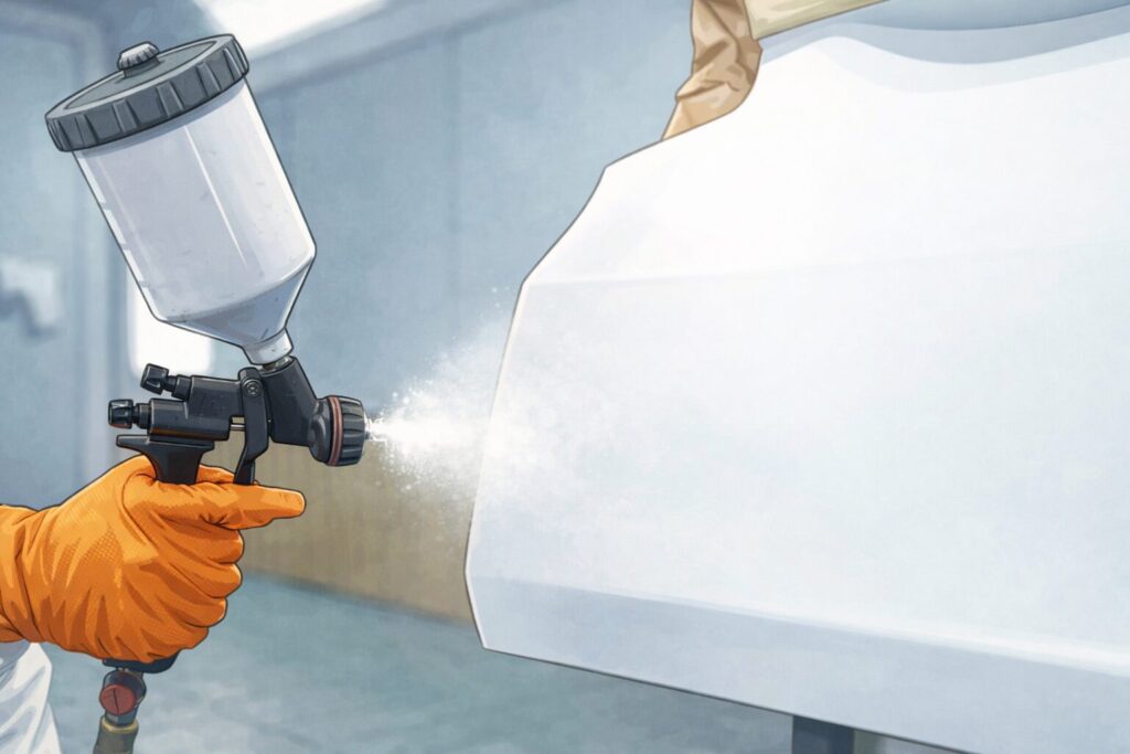 スプレーガンで白い塗料を車のパネルに吹き付けている作業を描いたイラスト