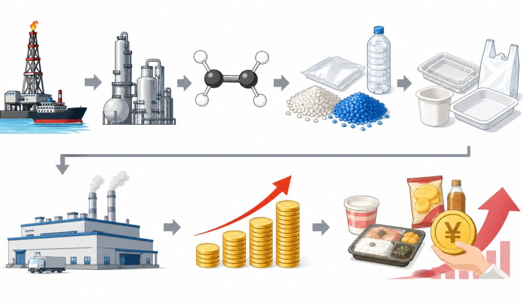 ナフサからエチレン生産を経てプラスチック原料となり、食品容器や包装材に使われた後、食品メーカーのコスト増加と価格上昇につながる流れを示したイラスト