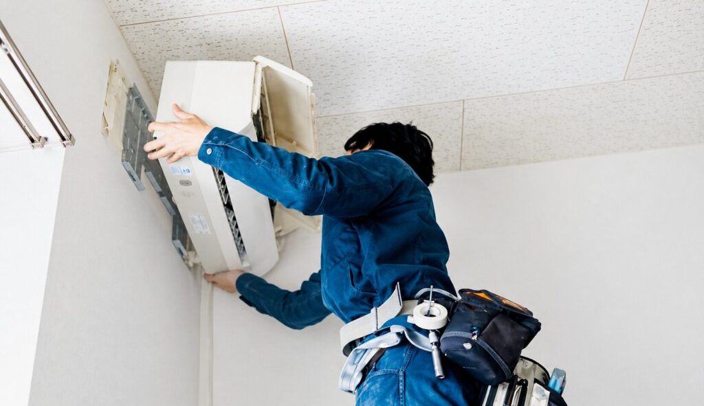 壁掛けエアコンのカバーを開けて点検・設置作業をしている作業員の様子