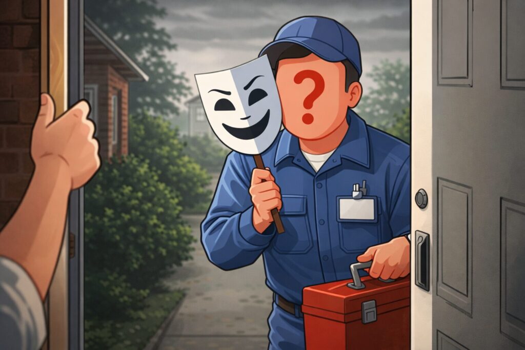 笑顔の仮面を持ち正体が分からない訪問作業員が玄関先に立ち、不安を感じさせる様子のイラスト