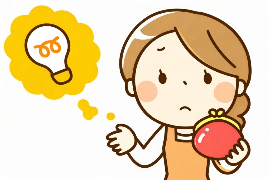 お金に悩む女性ががま口財布を持ち、電球のひらめきを思い浮かべながら困った表情をしているイラスト