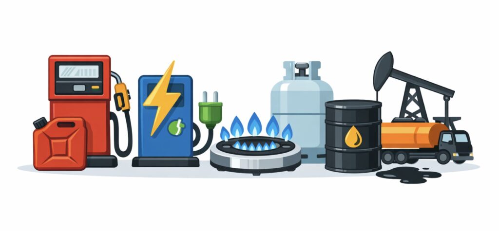ガソリンスタンドの給油機、電気の充電設備、ガスコンロとガスボンベ、重油ドラム缶やオイルポンプなど複数のエネルギー源を横並びで表現したイラスト