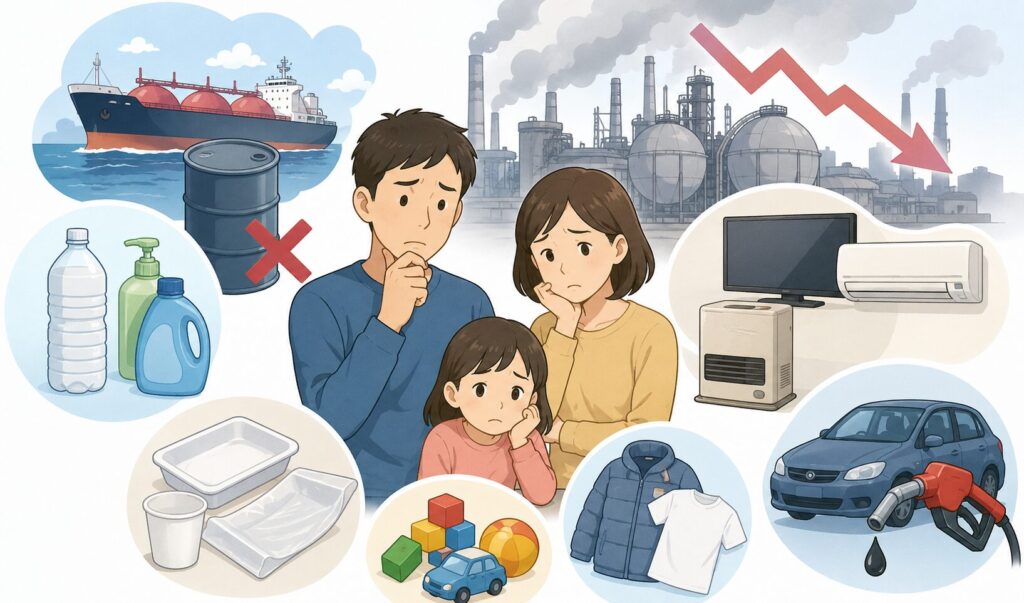 ナフサ不足によって日用品や家電、燃料価格の上昇に不安を抱える家族と、石油化学工場や不足する生活用品を描いたイメージイラスト