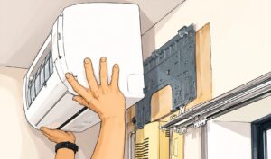 壁掛けエアコンを取り付け位置に合わせて設置作業を行う様子を描いたイラスト