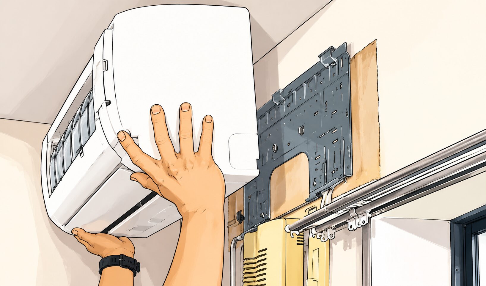 壁掛けエアコンを取り付け位置に合わせて設置作業を行う様子を描いたイラスト