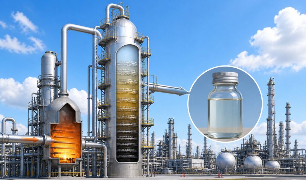 原油精製プラントの蒸留塔でナフサが生成される工程を示すイメージイラスト