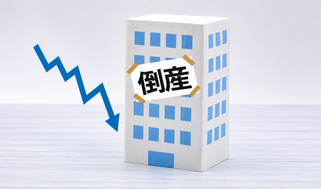 倒産と書かれた張り紙が貼られた建物模型と、左側に大きく下落する青い矢印を配置したイメージ
