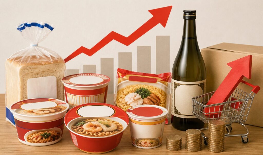 食品や日用品の値上げをイメージしたパン・カップ麺・飲料と、上昇するグラフや矢印が配置されたイラスト。物価上昇や大手メーカーによる価格改定の雰囲気を表現している。