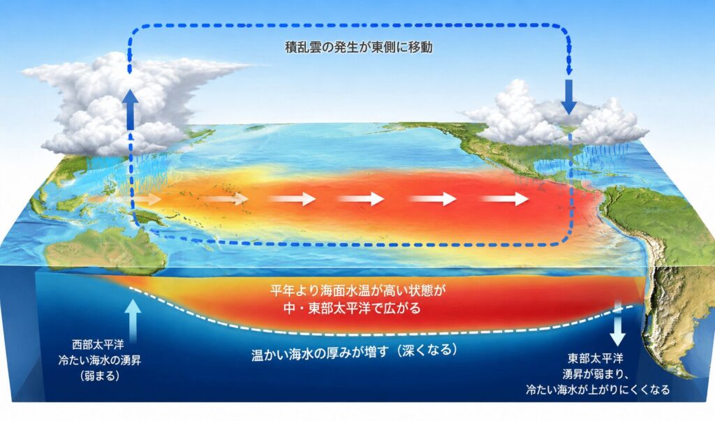 太平洋の海水温上昇と海流の変化によって発生するエルニーニョ現象を示したイメージ図。暖かい海水が東へ移動し、積乱雲や海中の水温分布が変化している様子を表現している。