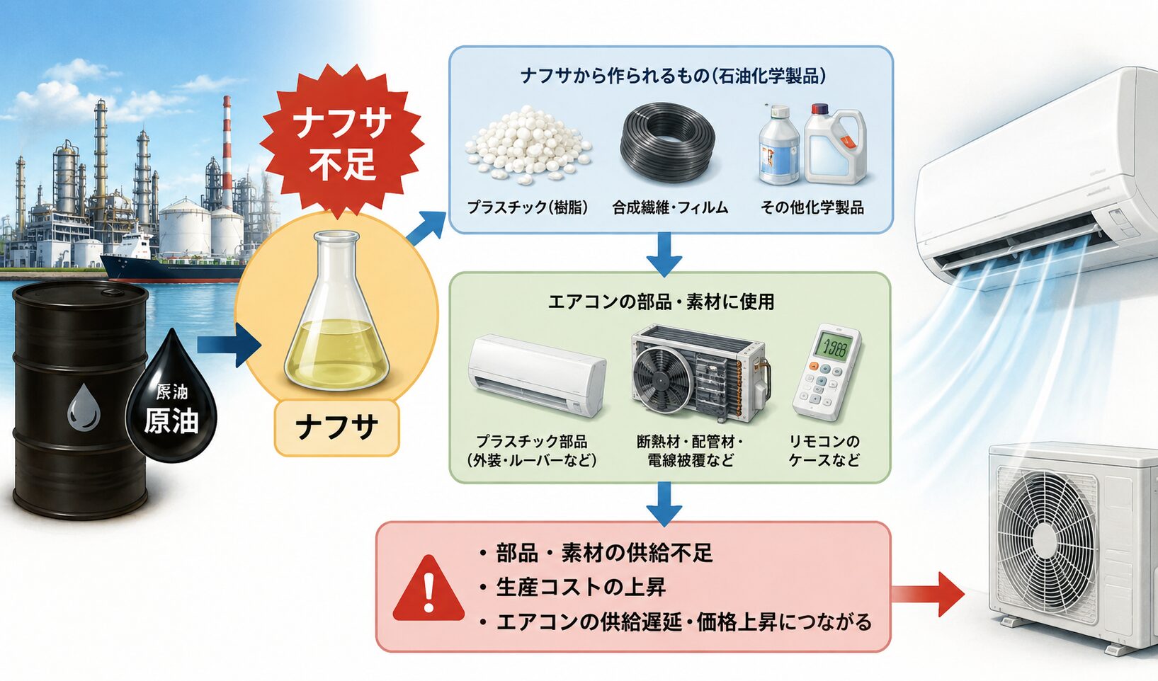 ナフサ不足によってエアコンの部品供給や製造コストに影響が出る流れを表現したイメージイラスト。石油化学プラントやナフサ、エアコン本体と室外機が描かれている