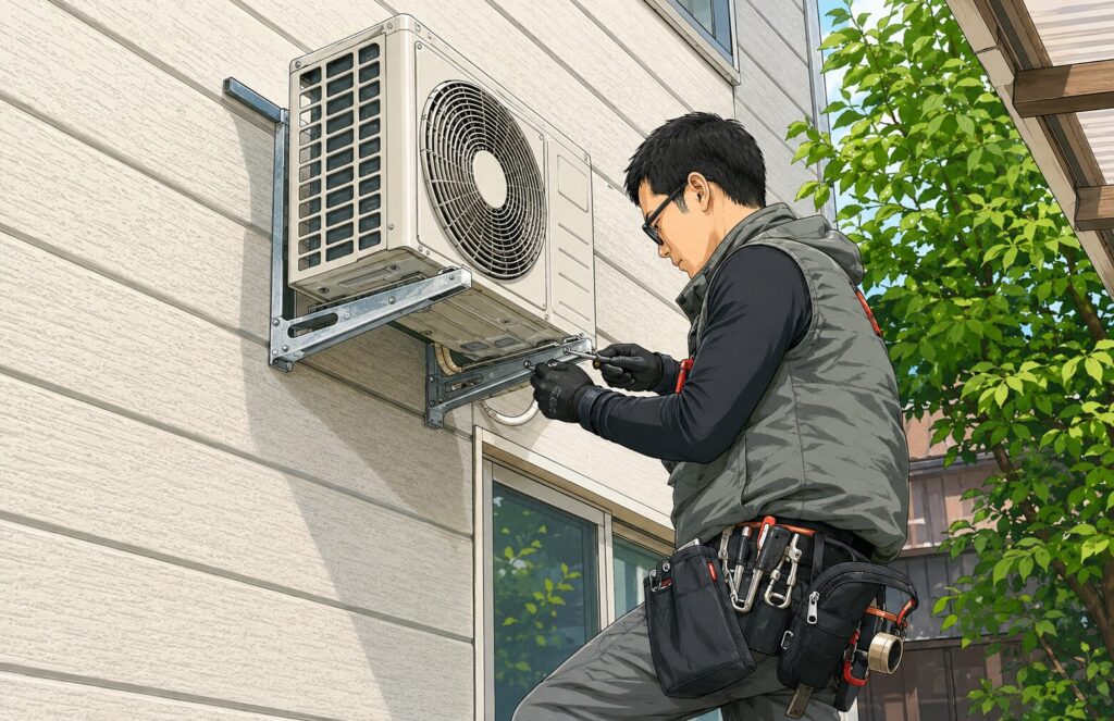 住宅の外壁に設置されたエアコン室外機を工具で固定・調整している作業員のイラスト