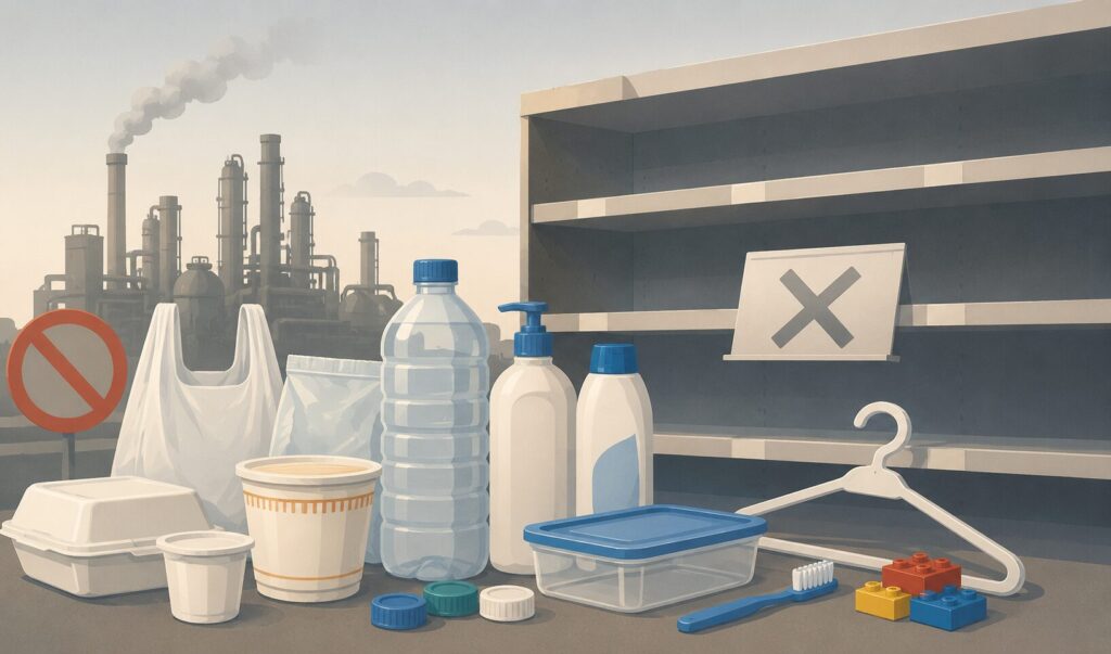 ナフサ不足によってプラスチック製品や日用品が品薄になり、空になった棚と工場を背景に生活用品が並ぶ様子を描いたイラスト
