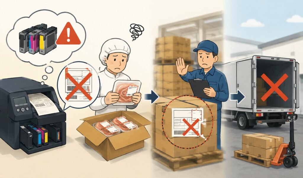 印刷インク不足によって食品パッケージのラベル印刷ができず、出荷停止となる物流現場のイメージイラスト