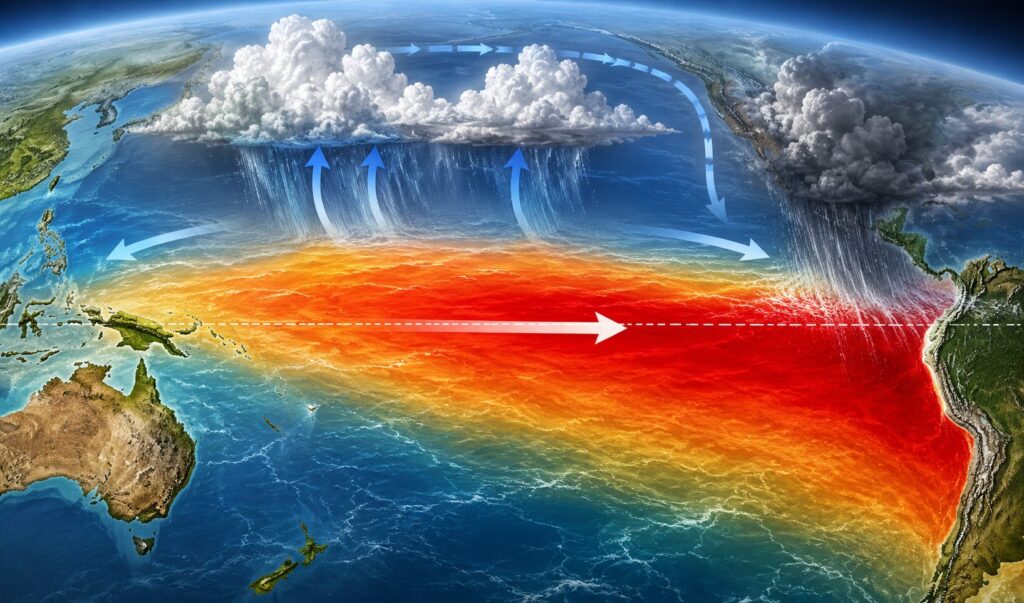 太平洋全域で海面水温が異常上昇し、赤く染まった海域と巨大な積乱雲によってスーパーエルニーニョ現象を表現したイメージイラスト