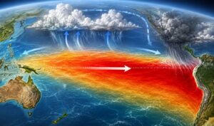 太平洋全域で海面水温が異常上昇し、赤く染まった海域と巨大な積乱雲によってスーパーエルニーニョ現象を表現したイメージイラスト