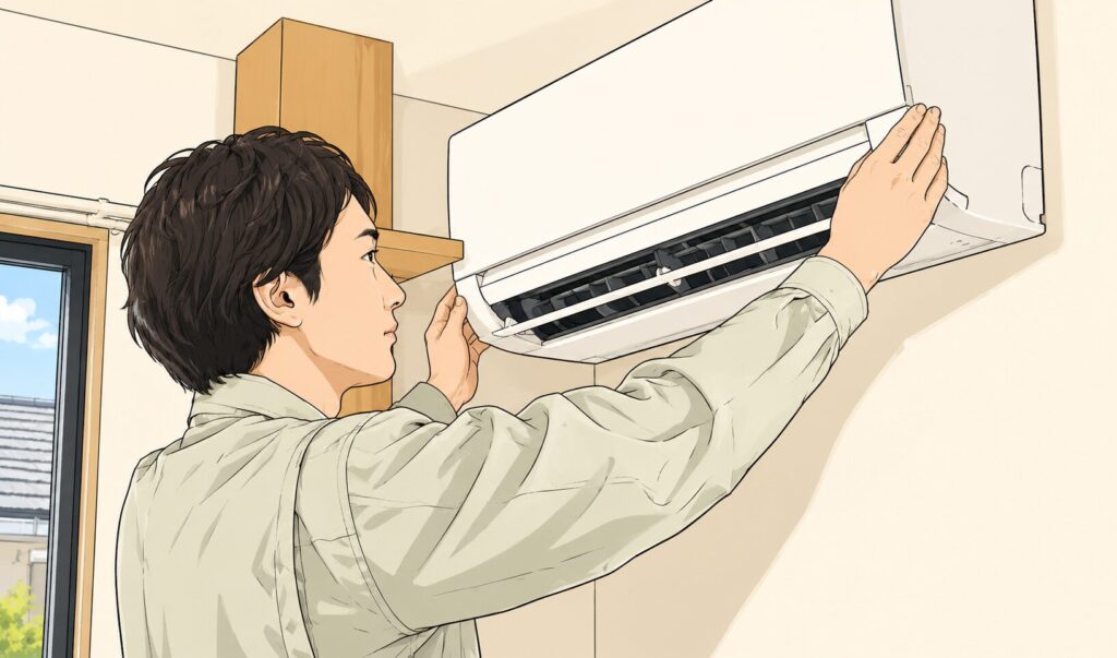 壁掛けエアコンの動作確認や点検作業を行っている男性スタッフのイラスト