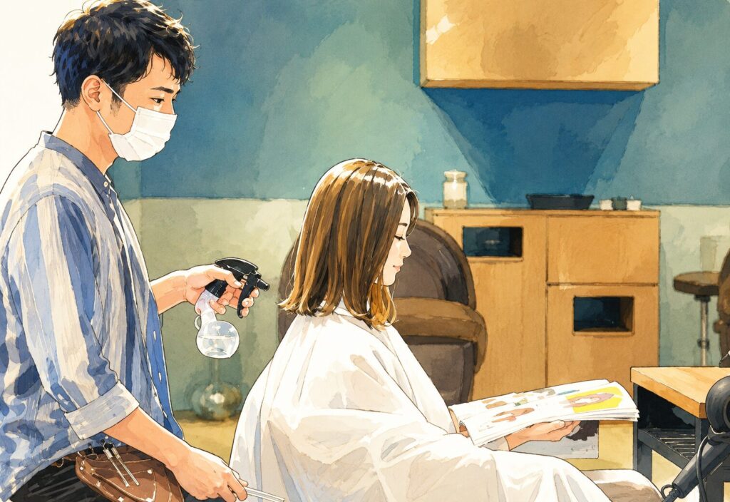 美容室でスタイリストが女性客のヘアセットを行っているイラスト風の店内風景