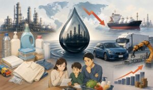 ナフサ不足による生活用品・物流・工場・家計への影響を表したイラスト。石油化学プラントや輸送船、値上がりするグラフ、不安そうな家族と日用品が描かれ、暮らしと産業全体への波及を表現している。