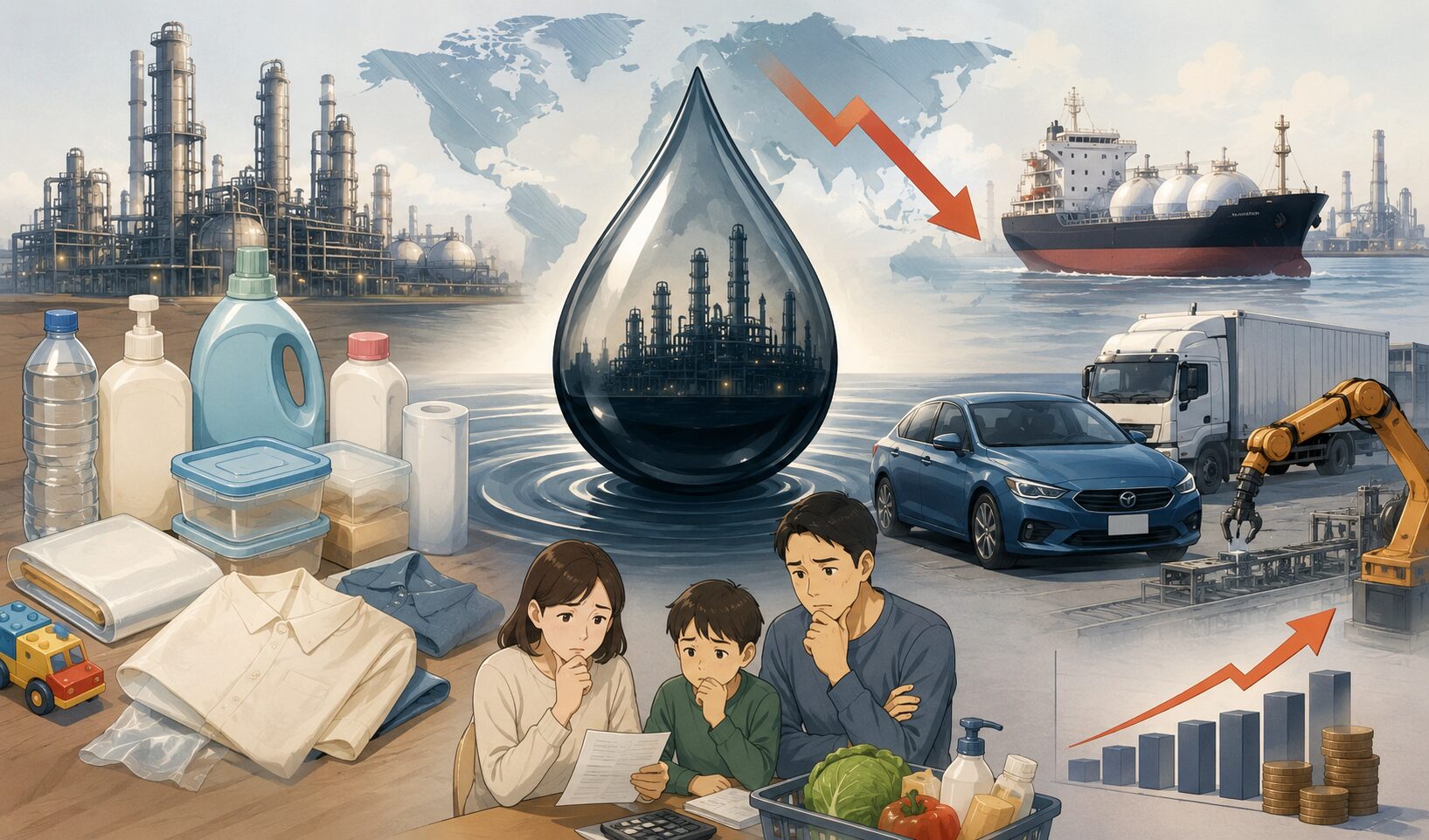 ナフサ不足による生活用品・物流・工場・家計への影響を表したイラスト。石油化学プラントや輸送船、値上がりするグラフ、不安そうな家族と日用品が描かれ、暮らしと産業全体への波及を表現している。