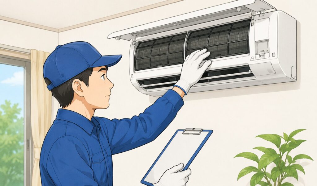 作業員が室内で壁掛けエアコンのフィルターを点検している様子のイラスト