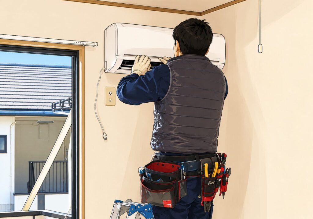 脚立に乗った作業員が室内で壁掛けエアコンの点検・調整作業を行っているイラスト