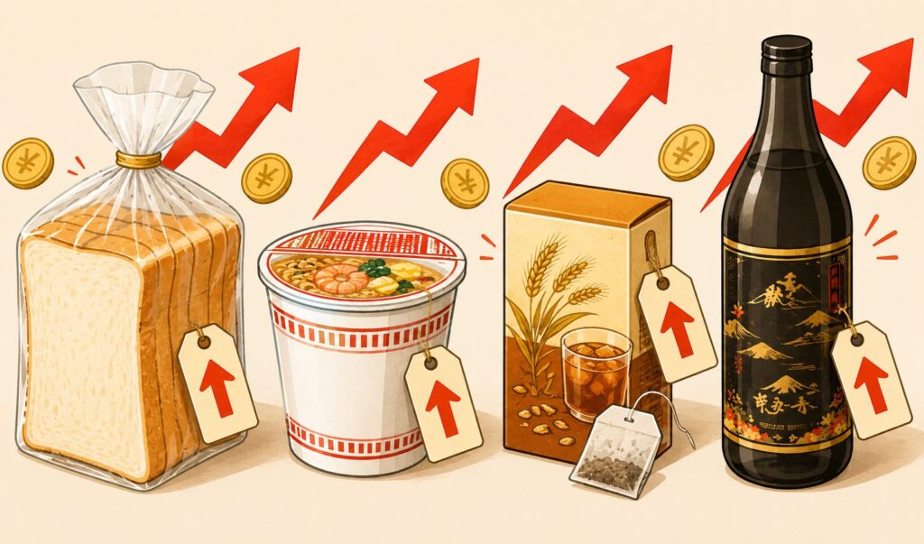 食パン・カップ麺・麦茶ティーパック・黒霧島の価格が上昇している様子を、赤い上向き矢印と値札で表現したイメージイラスト