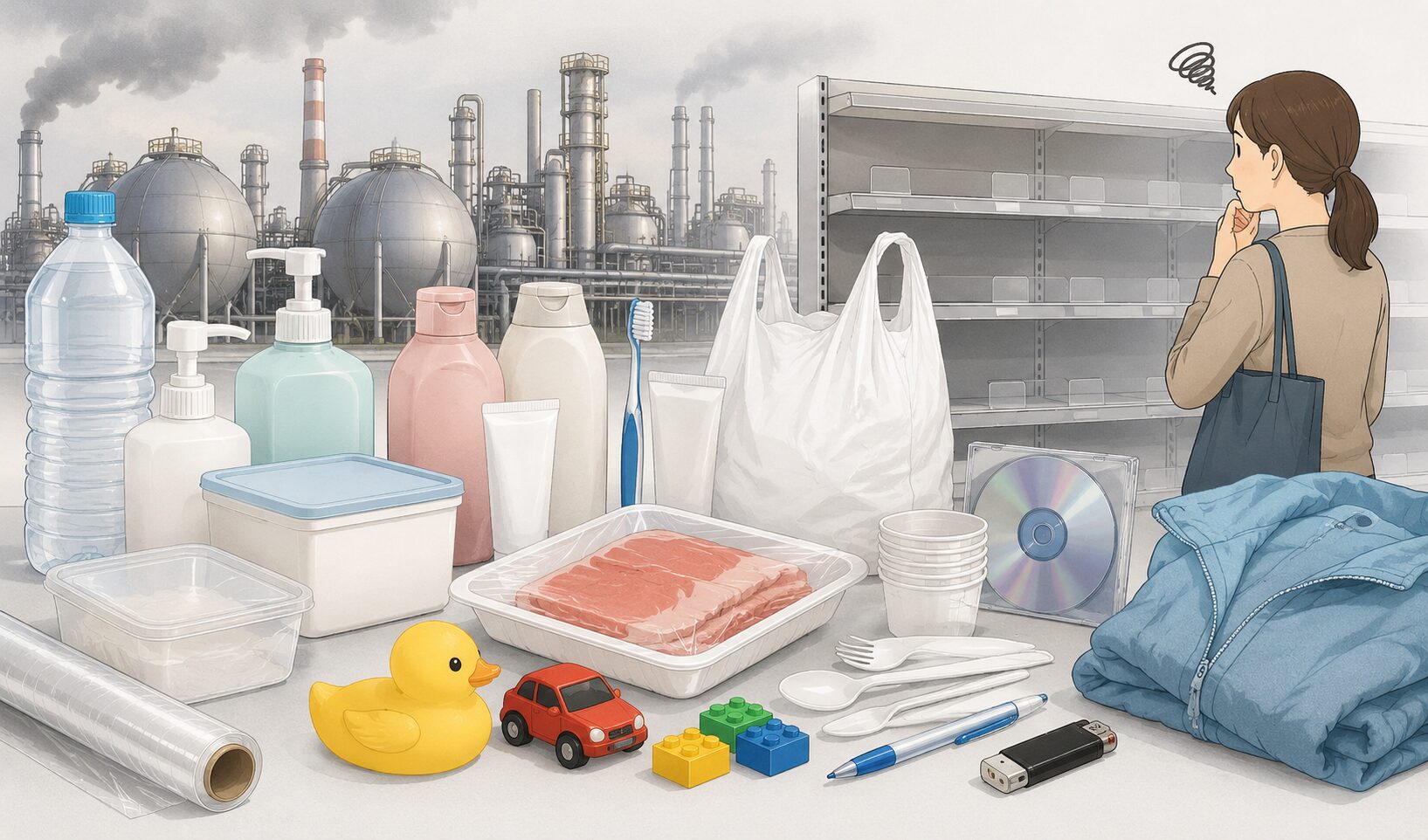 ナフサ不足によってプラスチック製品や日用品が品薄となり、空になった棚の前で困惑する人と石油化学工場を描いたイラスト