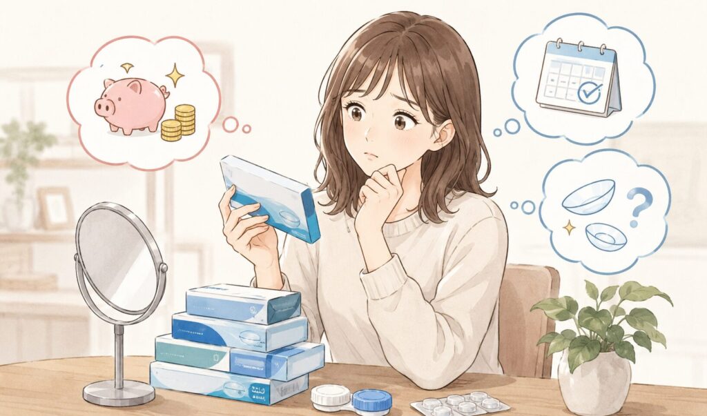 コンタクトレンズのまとめ買いをするか悩みながら、複数のレンズ箱を前に考え込む女性のイラスト