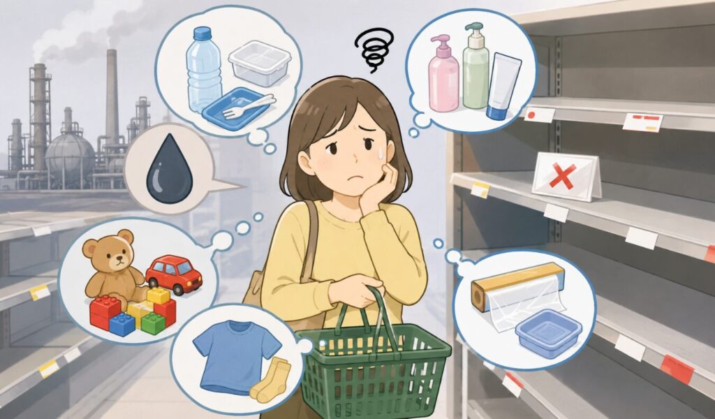 ナフサ不足の影響で商品が手に入りにくくなり、空になった棚の前で困惑する女性のイメージイラスト
