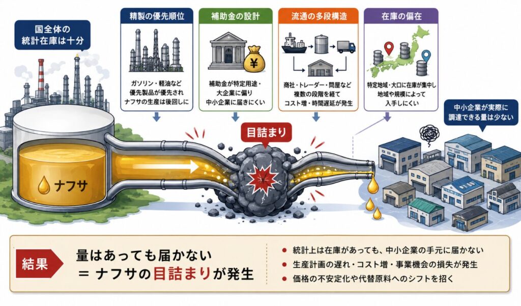 ナフサの統計在庫はあるものの、精製の優先順位や流通の多段構造、在庫の偏在によって中小企業へ十分に届かず、供給が途中で滞る“目詰まり”状態を図解したイメージ