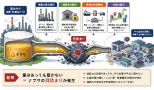 ナフサの統計在庫はあるものの、精製の優先順位や流通の多段構造、在庫の偏在によって中小企業へ十分に届かず、供給が途中で滞る“目詰まり”状態を図解したイメージ